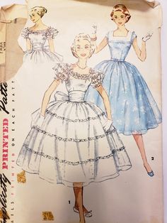 This dress can be worn to any event.  It is so feminine and such a lovely style. This pattern can be made in 2 versions with a square neckline or off shoulder. This would make a great pattern for someone who likes to make vintage style fashions. Size 14, Bust 32, Waist 26  Pattern checked & is complete, only the bodice is cut Instructions included Envelope is poor, as seen in photos I own many vintage patterns. If you are looking for something specific, feel free to convo me & I will check my stock. Please consult my policies for complete ordering information. Thanks! Square Neck Ruffled Dress For Costume Party, Fitted Bodice Dresses With Attached Cancan For Garden Party, Retro Dresses With Gathered Skirt, Empire Waist Dresses With Fitted Bodice For Vintage Events, Fitted Square Neck Dress With Gathered Skirt, Retro Dress With Pleated Fitted Bodice, Retro Square Neck Dress For Garden Party, Retro Square Neck Party Dress, Vintage Square Neck Dress With Ruffles For Wedding