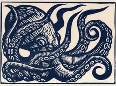 an ink drawing of an octopus in blue and white