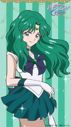 an anime character with long green hair and blue eyes wearing a sailor outfit, standing in front of a striped background