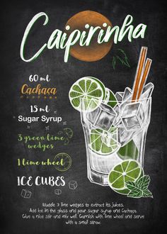 a chalkboard menu for a cocktail with limes and ice cubes