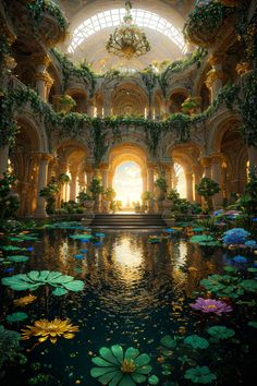 the inside of a building with water lilies