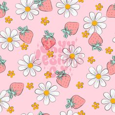 strawberrys and daisies on a pink background