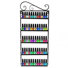 an image of a rack with many different bottles on the top and one shelf above it