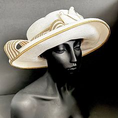 Elegant White And Gold Straw Hat From Brenda Waites Bolling, Made In Usa. Wide 4" Brim Trimmed In Metallic Gold Fabric. Adorned With Teardrop Shaped Faux Pears With Clear Rhinestone Detail. Ribbons Of Metallic Gold And White Straw Complete This Fabulous Look. Good Condition. White Fitted Hat With Curved Brim, Fitted White Hat With Curved Brim, White Fitted Hat For Beach, White Fitted Hat For The Beach, Fitted White Beach Hat, Formal White Straw Hat With Curved Brim, Formal White Straw Hat With Short Brim, Classic Adjustable Straw Hat For Weddings, Classic Straw Hat For Spring Wedding