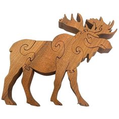 a wooden moose is shown on a white background