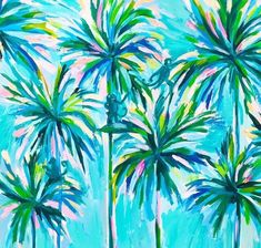 three palm trees painted in blue and green