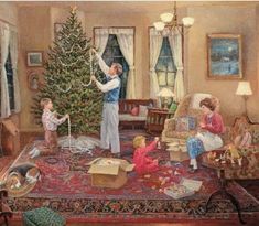 a man and two children are decorating a christmas tree