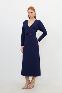 Experience Elevation In Your Every Day Wardrobe With Our Midi Dress, Featuring A Flared Silhouette That Flatters The Curves, With A Belted Waistline To Cinch The Silhouette, And A Plunging V Neckline. Style It With Block Heels Or Loafers For A Casual Approach, Then Strappy Stilettos For An Occasion Look. Ponte Belted Midi Dress High Quality Ponte Fabric Flattering Fit And Flare Silhouette Cinched, Belted Waistline Deep V Neckline Zip Back Fastening Belted Midi Dress With V-neck, Elegant Belted Midi Dress With 3/4 Sleeves, Chic Belted Midi V-neck Dress, Blue Belted A-line Midi Dress, Petite Work Outfits, Long-sleeved Belted Midi Dress In Viscose, Petite Wedding Guest Dresses, Outfits Petite, Ponte Fabric