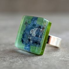 Lime green statement ring, Reclaimed glass, Unique big rings, Cubic square shape, Fused glass jewelr Handmade Modern Green Jewelry, Modern Handmade Green Jewelry, Green Handmade Modern Jewelry, Modern Green Handmade Jewelry, Unique Green Rectangular Jewelry, Unique Green Rectangular Rings, Handmade Green Rings With Recycled Glass, Green Glass Jewelry Gift, Green Glass Jewelry As Gift