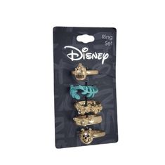 the disney character ring set is packaged in gold and blue with two different colors on it