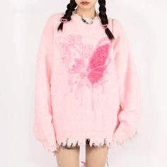 This soft girl aesthetic pastel pink sweater features a fuzzy texture and a butterfly design with distressed hems. Size:• S: Bust: 106cm/ 41.7 in, Length: 62cm/ 24.4 in, Sleeves: 53cm/ 20.9 in• M: Bust: 110cm/ 43.3 in, Length: 64cm/ 25.2 in, Sleeves: 54cm/ 21.3 in• L: Bust: 114cm/ 44.9 in, Length: 66cm/ 26.0 in, Sleeves: 55cm/ 21.7 inMaterial: Acrylic Pastel Pink Butterfly, Pastel Pink Sweater, Cardigan Ideas, Knit Vests, Butterfly Sweater, Clothes Sweater, Fuzzy Texture, Soft Girl Aesthetic, Butterfly Photos