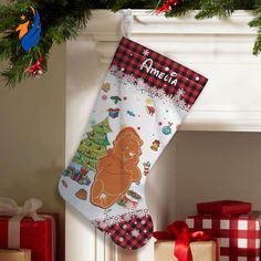 a christmas stocking hanging from a mantel