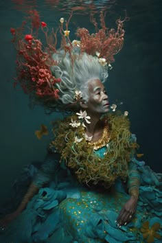 a woman with white hair and flowers on her head sitting in the middle of water