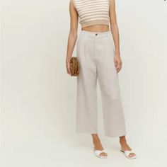 Brand New Linen Pant From Reformation Neutral High Waist Wide Leg Linen Pants, Neutral Wide Leg Bottoms For Day Out, Neutral Trousers For Day Out, Chic Neutral Linen Bottoms, Versatile Neutral Bottoms, Neutral High-waisted Wide Leg Pants For Day Out, Neutral Straight Pants For Day Out, Neutral Ankle-length Pants For Day Out, Chic Relaxed Fit Neutral Bottoms