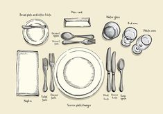 a table setting with utensils, plates, and napkins in black ink