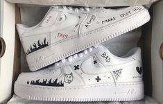 These custom hand painted Nike Air Force 1 sneakers feature a XXXtentacion theme that helps you feel special! ★ Painted with acrylic leather paint and topped with a finished to ensure quality, durability, and long wear (waterproof, scratch proof, and dull-proof). ★ Sizes are in US. ★ These shoes are hand painted. ★ In the case that these shoes need to be washed, wetting a cloth and hand washing them is recommended, however they can be put in the wash set on delicate. Feel free to contact us for any questions you may have :) Check out our other products: https://www.etsy.com/shop/slatscustomsco Nike Air Force 1 Custom Text, Painted Nike Air Force, White Nike Air Force, Painted Nikes, White Nike Air, Nike Shoes Air Force, Nike Air Force 1s, Nike Airforce 1, Custom Air Force 1