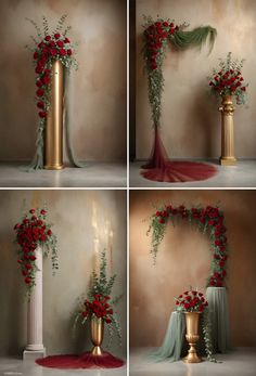 four different images of a vase with red flowers on it, and the same one is gold