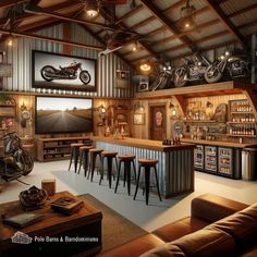 a motorcycle shop with lots of bar stools and tables in front of the counter