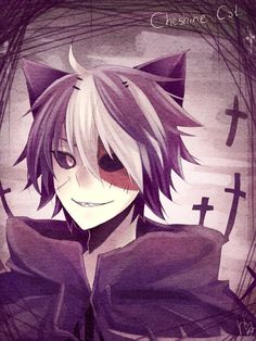 an anime character with white hair and black eyes, wearing a purple outfit in front of crosses