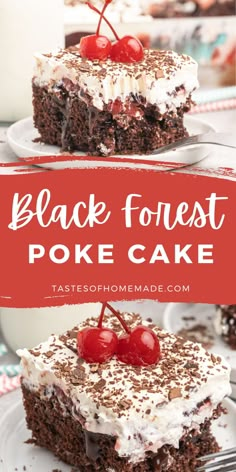 two pieces of black forest poke cake with cherries on top and the words, black forest poke cake above it