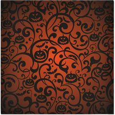 an orange and black wallpaper with pumpkins, leaves and swirls on it