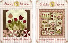 two quilts with flowers on them and the words shabby fabrics written in red