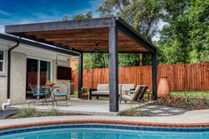 a backyard with a pool and covered patio