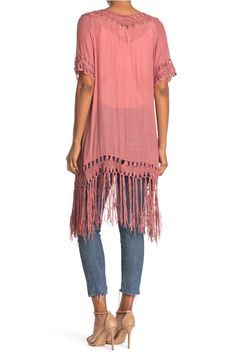 Ideal for layering, this short sleeved kimono features a simple tie front design and a tonal fringed trim. No collar. Short sleeves. Tie front. Fringe trim. Approx. 41" length (size S). ImportedThis item cannot be shipped to Canada. Long Sleeve Fringe Summer Cover-up, Summer Sleeveless Fringe Cover-up, Casual Cotton T-shirt With Fringe, Summer V-neck Top With Fringe, Summer V-neck Tops With Fringe Details, Front Fringe, Short Sleeve Kimono, Fringe Trim, Nordstrom Store