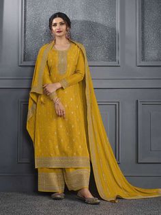 Traditional Designer Pakistani Salwar Suit Collection Processing Time : 7 Business Days Work : Embroidery With Sequence Work Fabric:Top : Dola Jacquard Silk  Bottom : Heavy Silk Dupatta : Heavy Silk Georgette  Color:Top : Yellow Bottom : Yellow Dupatta : Yellow Straight Palazzo Pants, Golden Suit, Prachi Desai, Lehenga Suit, Palazzo Suit, Indian Wedding Wear, Silk Bottoms, Casual Saree, Shalwar Kameez