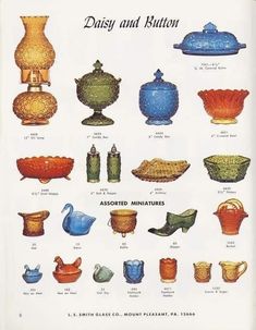 an advertisement for glassware from the early 20th century, showing different types of vases and bowls