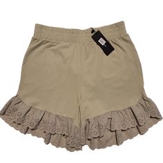 Vero Moda Juna High Waist Embroidered Shorts. Size M Color Desert Sage High Waist Pull-On Style Embroidery At Hem Measurements And Material In Pics Nwt Summer Cotton Bottoms With Embroidered Hem, Summer Stretch Embroidered Bottoms, Casual Embroidered Beige Bottoms, Casual Summer Bottoms With Embroidered Hem, Casual Embroidered Hem Bottoms For Summer, Summer Embroidered Stretch Bottoms, Casual Bottoms With Embroidered Hem For Spring, Ruffled High-waisted Shorts, Green Bohemian Cotton Shorts