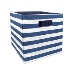 a blue and white striped storage bin