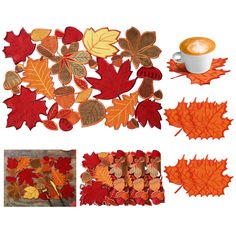 autumn leaves and cup of coffee are shown in this collage with the same image