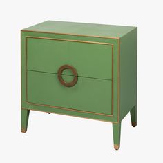 a green and gold nightstand with two drawers on one side, an oval handle on the other