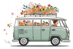 a van with flowers on the roof is driving down the road in front of a woman