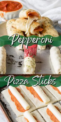 pizza sticks with pepperoni and cheese on them