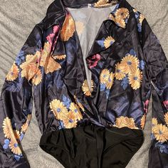 Brand New- Never Worn Navy Floral Silk Size Large Bodysuit Blue Stretch Bodysuit With Floral Print, Blue Floral Print Stretch Bodysuit, Floral Print Bodysuit For Spring Party, Spring Floral Print Bodysuit For Party, Silk Bodysuit, Navy Floral, Color Blue, Womens Tops, Silk