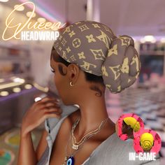 the woman is wearing a headwrap and earrings