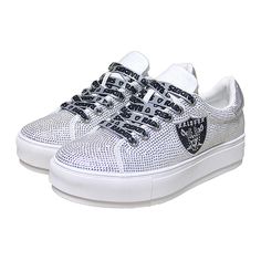 Officially Licensed NFL Team Crystal Shoe Crystals Sneaker Bring the bling to every game with these crystal sneakers from Cuce. The crystal upper is gorgeous and offers a beautiful sparkle to any gameday outfit. Super stylish sleek sneaker style with officially licensed laces and all over crystals with team logo on outside of shoe. This sneaker is sure to show off your fandom and dazzling style. *TRUE TO SIZE - half size should size up. Crystal Embellished Low-top Sneakers For Streetwear, Raiders Bling Shirt, Crystal Sneakers, Raiders Blanket, Raiders Hoodie, Raiders Stuff, Sneaker Style, Crystal Shoes, Leather Socks