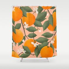 an orange tree with white flowers and green leaves on pink background shower curtain by duckyboo