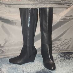 Via Spiga Black Leather Wedge Style Boots - Size 10 / 10m These New Without Box Boots Feature A 3 Inch Heel With A Full Length 16 Inch Outside Zipper That A Full Length 1 Inch Stretch Panel Running Along Side The Zipper To Help With The Calf Hugging Fit. Heel Height: 3 Inches Shaft Height: Nearly 16 Inches Shaft Circumfrence: 15 Inches (No Stretch In The Elastic Panel) Any & All Reasonable Offers Will Be Considered Plus For Those That Like To Build Bundles & Save, Discounts Are Available For Mul Tall Knee-high Heeled Boots With Zipper, High Heel Knee-high Boots With Zipper Closure, Black High-top Moto Boots With Zipper Closure, Tall Heeled Boots, Black Leather Riding Boots, Knee-high Boots With Zipper Closure, Medium Width, Tall Knee-high Heeled Boots With Zipper Closure, Pointed Boots, Pointy Toe Boots