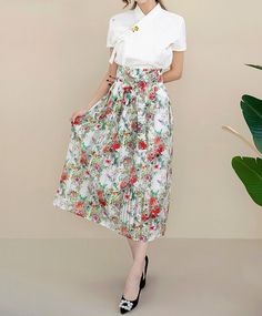 This is a Korean Modern Hanbok Skirt for Women. This skirt is not a wrap style, but can be worn comfortably with a side zipper and elastic waistband at the back. This skirt is made of punched fabric and has a see through, and is lined on the inside up to knee length. Great to wear in spring, summer and early fall. This hanbok is modernly designed so you can wear it comfortably and beautifully. This modern hanbok is perfect dress for daily and celebrations such as parties or various events. ⭐Plea Casual Short Sleeve Dress With Lined Skirt, Casual Dresses With Lined Skirt And Short Sleeves, Short Sleeve Summer Dress With Lined Skirt, Spring Pleated Skirt Dress, Spring Dresses With Pleated Waist, Relaxed Full Skirt Dresses With Lined Skirt, Relaxed Full Skirt Dress For Spring, Spring Dress With Full Relaxed Skirt, Summer Pleated Waist Maxi Skirt