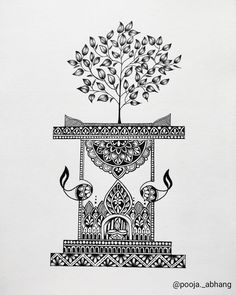 a drawing of a tree in a pot with two birds on the top and one bird sitting