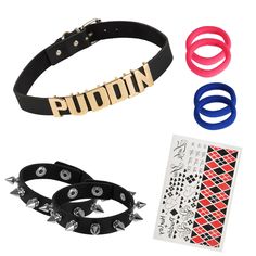 PRICES MAY VARY. 6 PCS/Set HQ Accessories: Harley Puddin Choker Set includes 2* Spike bracelets, 1*pudding collar, 1*temporary tattoo sticker ,4*hair cords (fluorescent pink *2, jewel blue *2), perfect for matching with Quinn the Clown's costume. MATERIALS: Our Puddin Choker is made from premium pu leather on the outside and suede on the inside for a soft, lightweight and comfortable fit, while the Quinn Bracelet features studded accents for a metallic, punk-inspired look. DESIGN: We specially d Themed Jewelry For Halloween Cosplay, Harajuku Style Black Jewelry, Halloween Novelty Jewelry For Cosplay, Halloween Cosplay Novelty Jewelry, Trendy Black Jewelry For Cosplay, Punk Jewelry For Halloween Cosplay, Punk Style Jewelry For Halloween Cosplay, Trendy Metal Jewelry For Cosplay, Adjustable Punk Costume Accessories For Themed Events