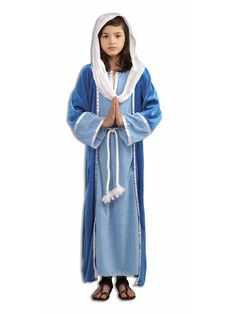 Ancient paintings and statues of the blessed Virgin Mary depict her in a flowing blue robe and headscarf similar to this Girls Deluxe Mary Costume. The Girl's Deluxe Mary Costume features two beautiful shades of blue. The one piece costume features a light blue under-dress with an attached darker blue robe. The white headpiece is also attached to the gown. The costume is completed with a rope tie belt. Sandals would be an optional addition to this costume that you may buy here. Your child will l Virgin Mary Costume, Mary Costume, Priest Costume, Light Blue Gown, Biblical Costumes, Nativity Costumes, Outfit For Church, Christmas Pageant, Hooded Dress