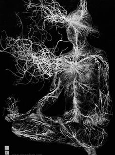 a black and white photo of a human figure with branches on it's body