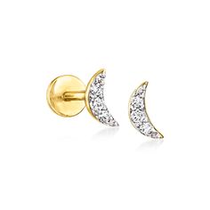 Ross-Simons - Diamond-Accented Moon Flat-Back Stud Earrings in 14kt Yellow Gold. RS Pure. Modern designs that complete your outfit and complement your personality. Bright with diamond accents, our dainty moon stud earrings embody comfort-first fashion. Crafted in 14kt yellow gold, this simple pushpin style features a flat back that won't poke or jab while you're taking a quick nap or getting a full night of beauty sleep. Insert the backing first into a pierced ear, then slide the front post insi Yellow Gold Moon-shaped Pierced Jewelry, Moon Shaped Yellow Gold Plated Earrings, Elegant Moon-shaped Gold Plated Earrings, Moon-shaped Yellow Gold Plated Earrings, Gold Hypoallergenic Moon-shaped Earrings, Moon Studs, Jewelry Essentials, Buying Diamonds, Ear Piercings