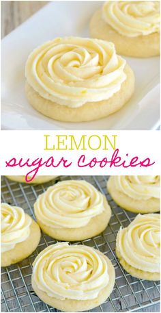 lemon sugar cookies with white frosting on a cooling rack and in the foreground