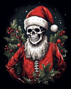 a skeleton wearing a santa hat and holding holly branches