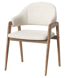 an upholstered chair with wooden legs and a white fabric seat pad on the back